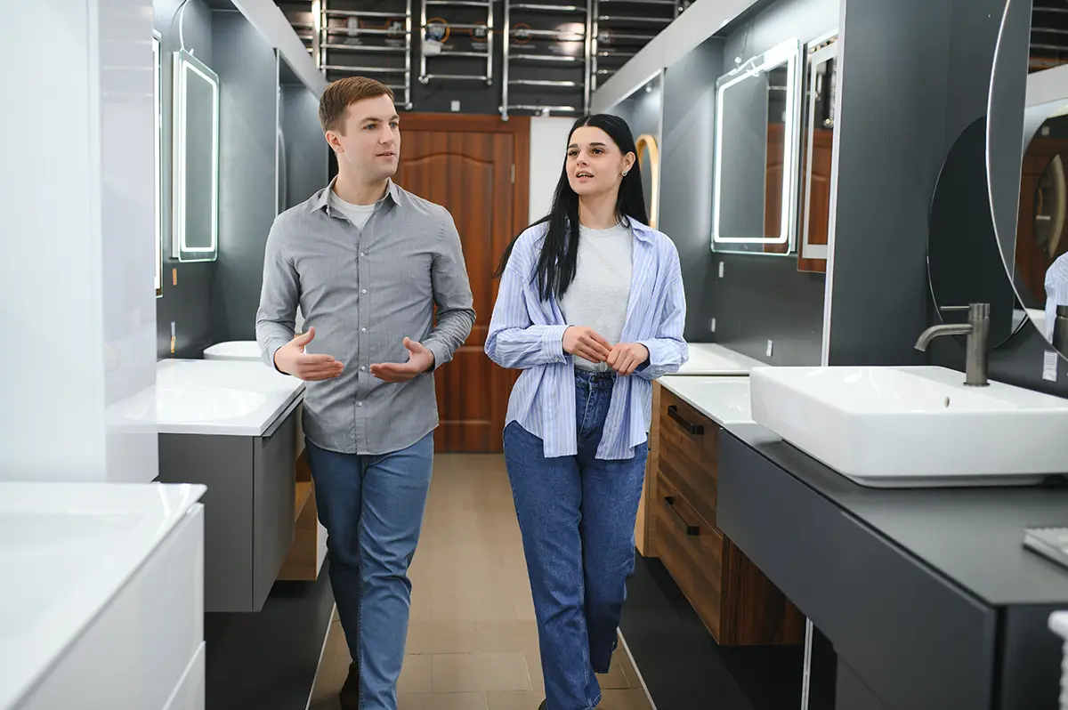 young-couple-choosing-new-bathroom-furniture-plumbing-shop-with-lots-sanitary-goods Cliente sur le choix des matériaux design salle de bain Lyon - Plombier69